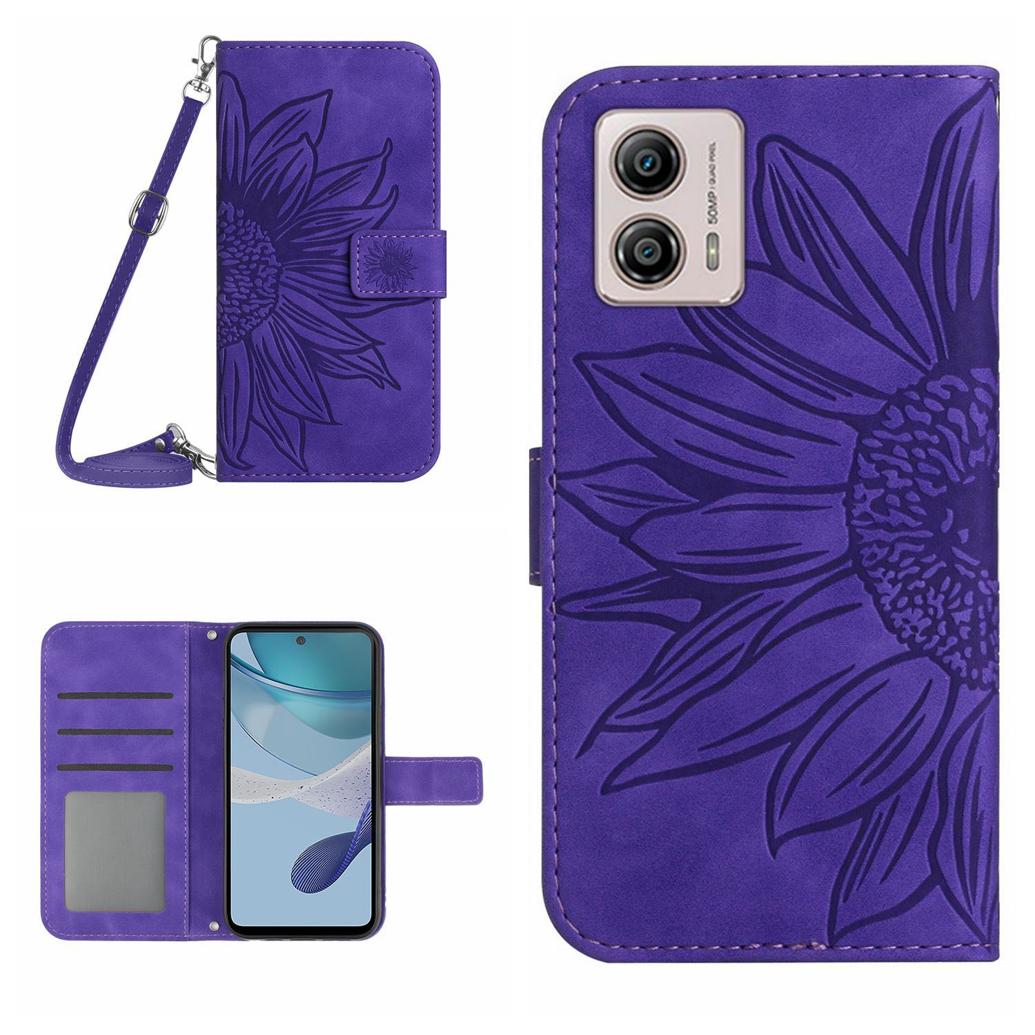 HT04 Stand Wallet Cover for Motorola Moto G53 5G Sunflower Imprinted PU Leather Case with Shoulder Strap HT04 Stand Wallet Cover for Motorola Moto G53 5G Sunflower Imprinted PU Leather Case with Shoulder Strap
